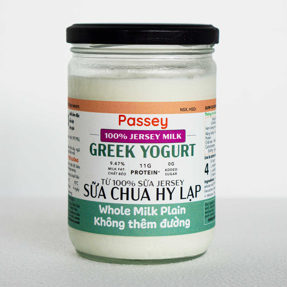 Passey greek yogurt whole milk plain in a 450g glass jar with closed screw lid
